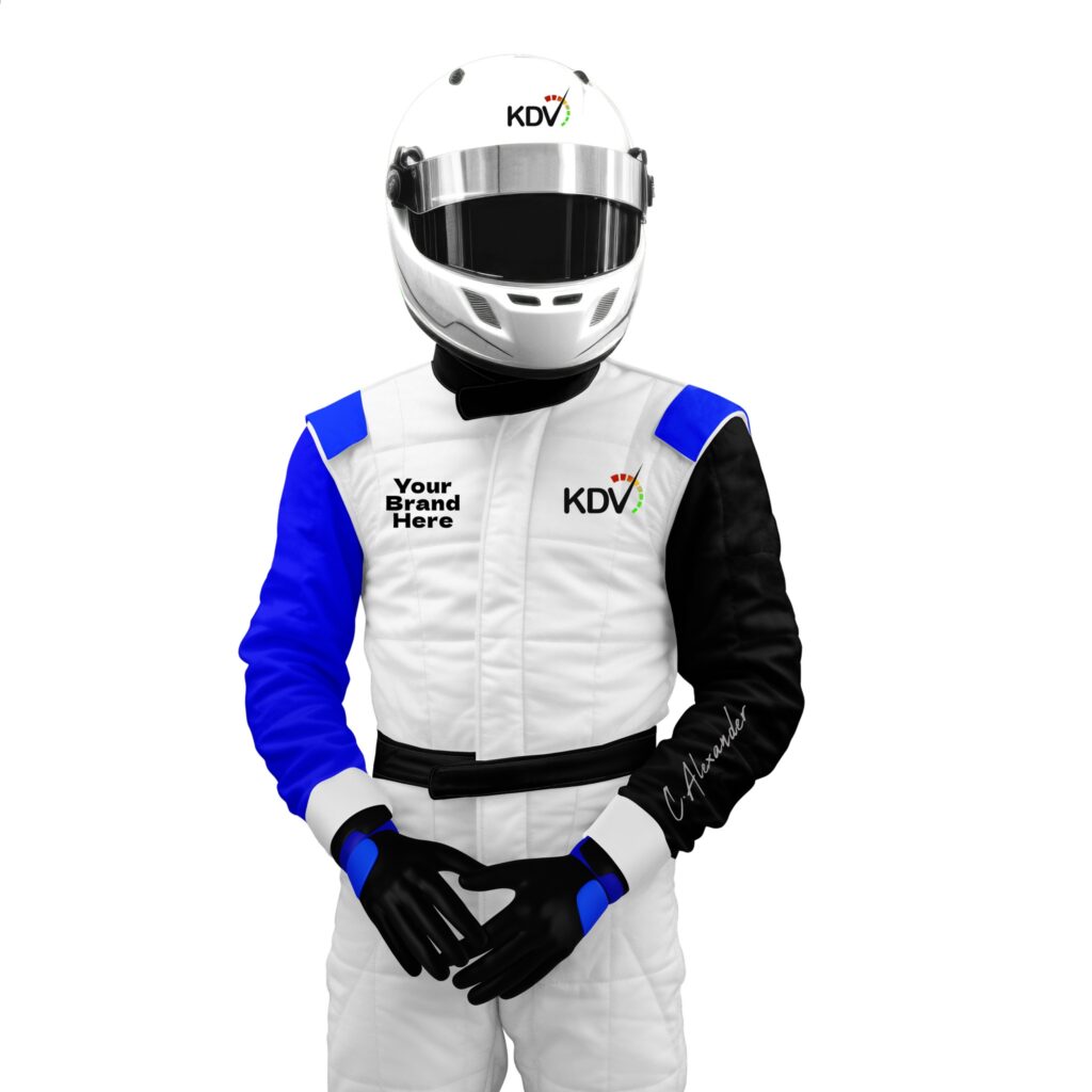 Custom racing suit mockup featuring KDV ENT 901 and sponsor branding for Formula racing