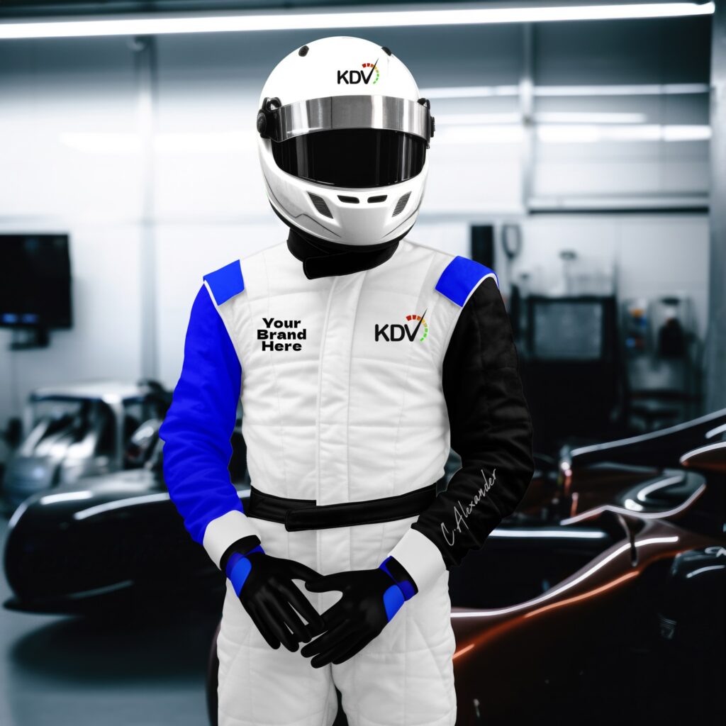Custom racing suit mockup featuring KDV ENT 901 and sponsor branding for Formula racing