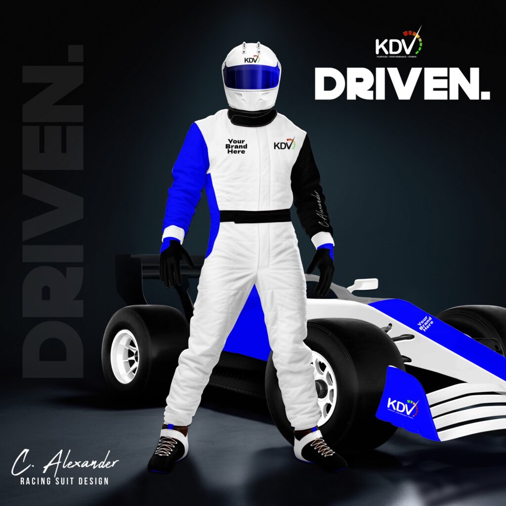 K.Le DaVincci Formula 1 racing suit and branded car mockup with sponsor integration
