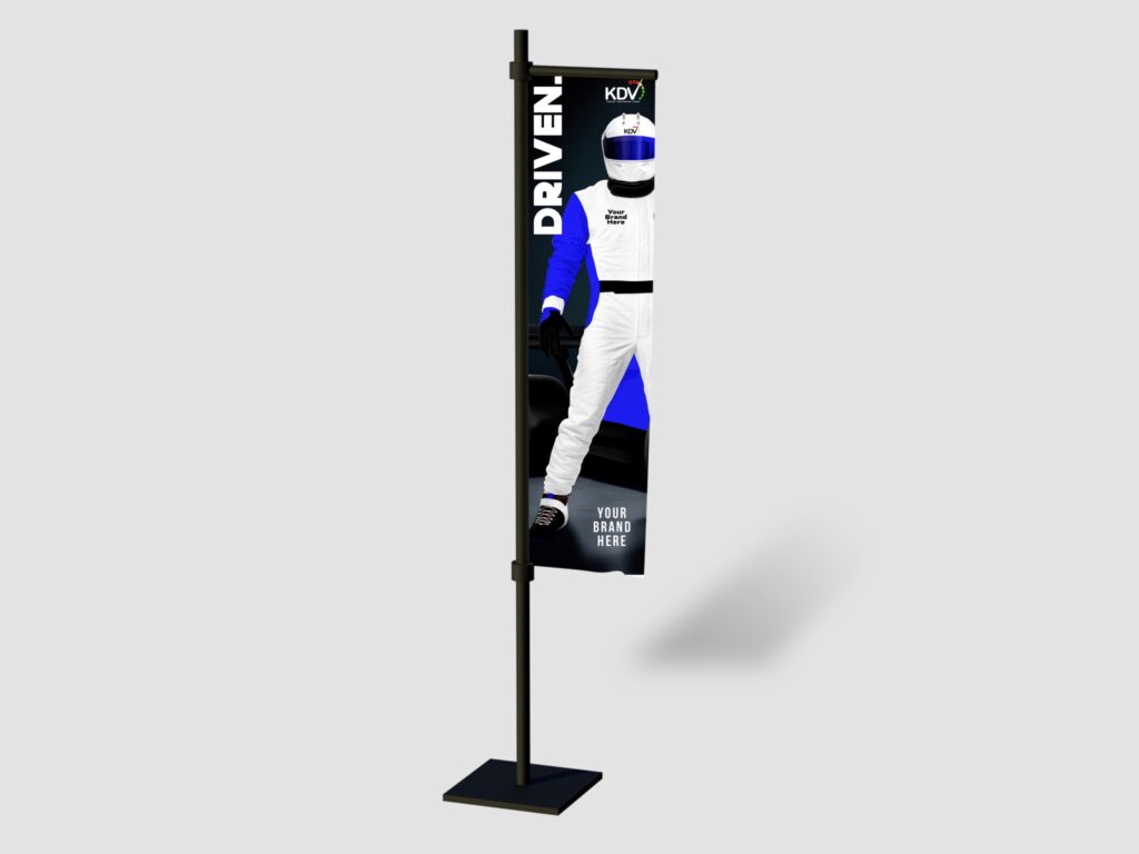 Sponsor-branded flag banners displayed at racing and live event locations