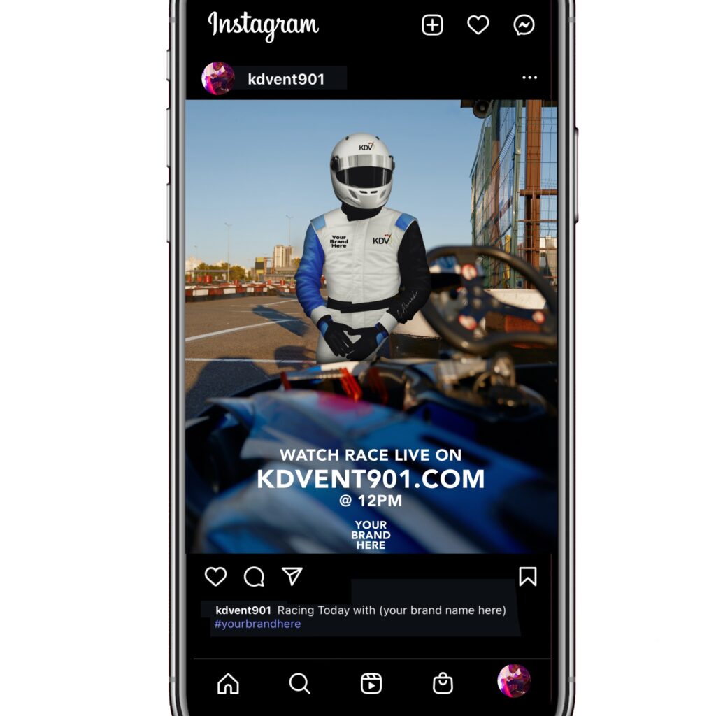 K.Le DaVincci tagging sponsors on social media while wearing branded racing gear