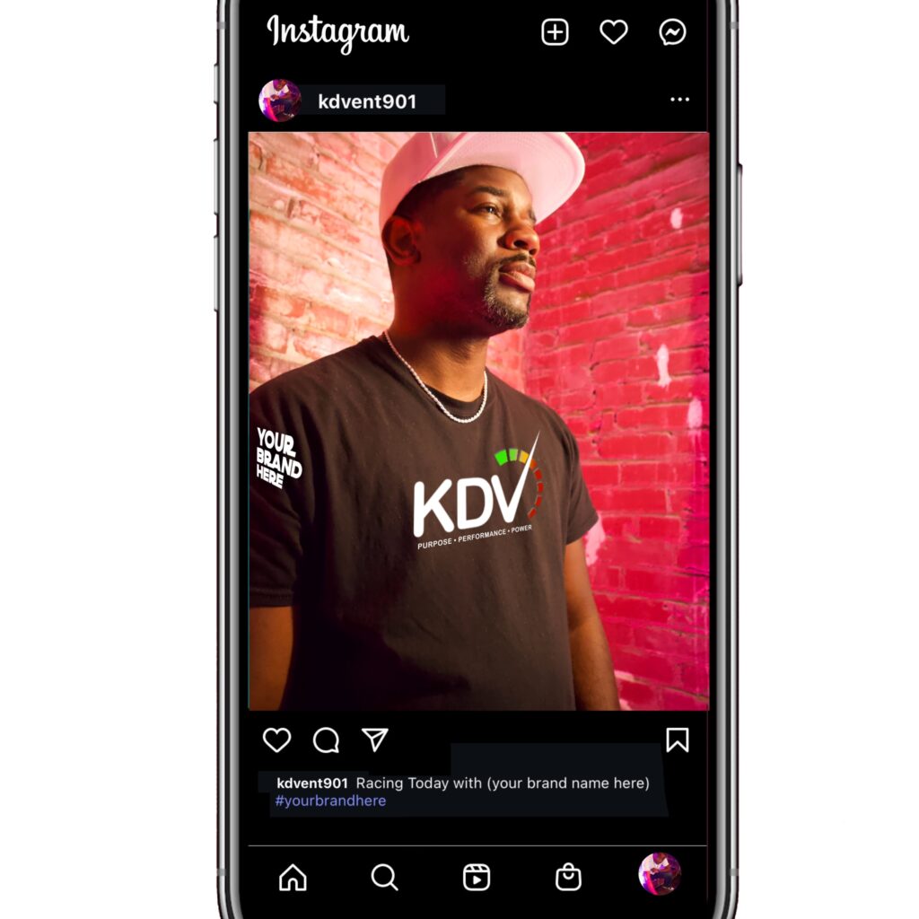 K.Le DaVincci wearing sponsor-branded merch tagged on Instagram