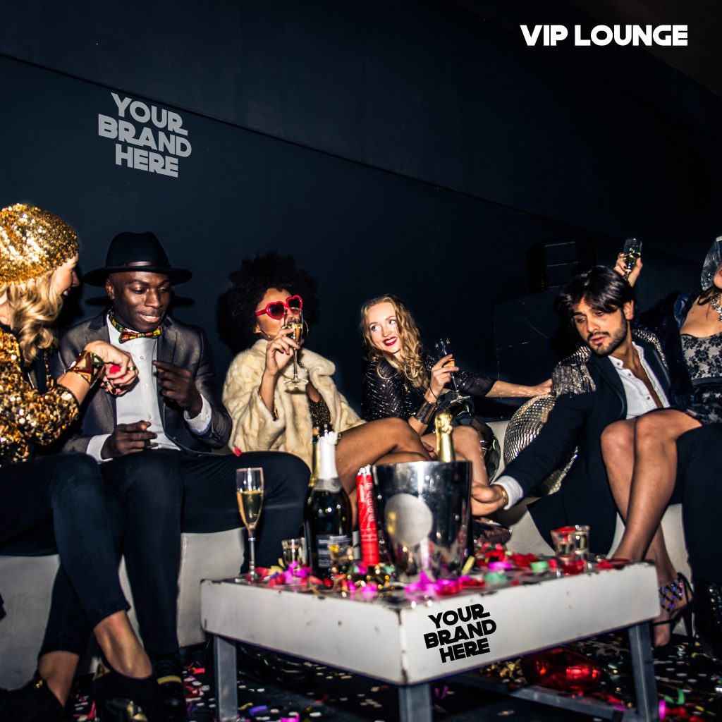 VIP lounge setup featuring sponsor-branded walls, banners, and guest experiences