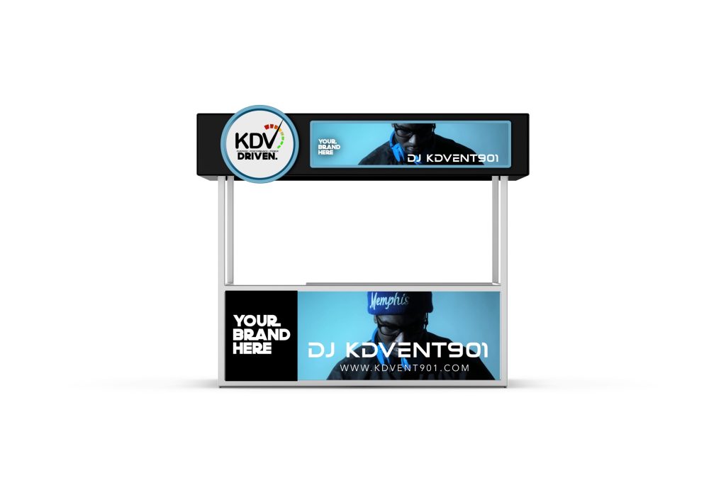DJ booth with sponsor-branded panels during K.Le DaVincci live set