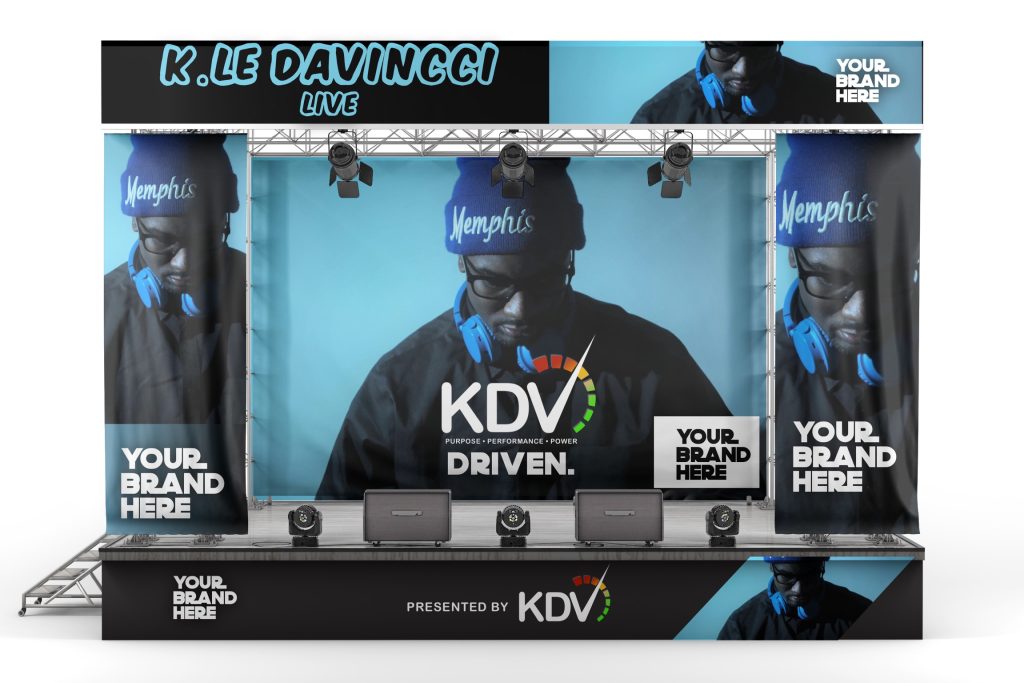 Stage design mockup with sponsor logos and branded LED visuals for KDV ENT 901 live show